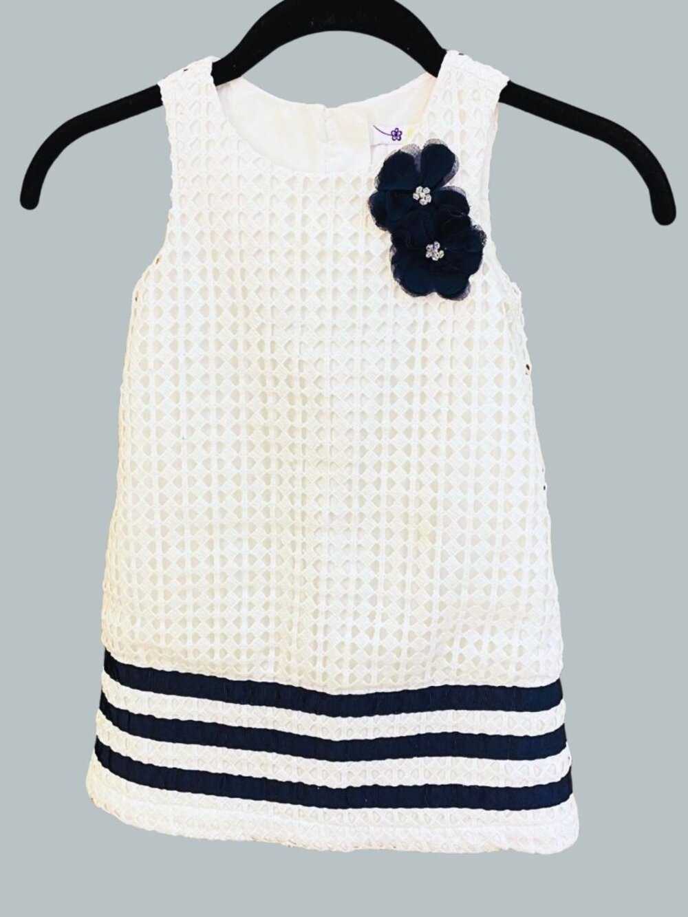 Shrinking Violet Girls Lace Dress 4 White Navy Floral Applique Laced Up Summer